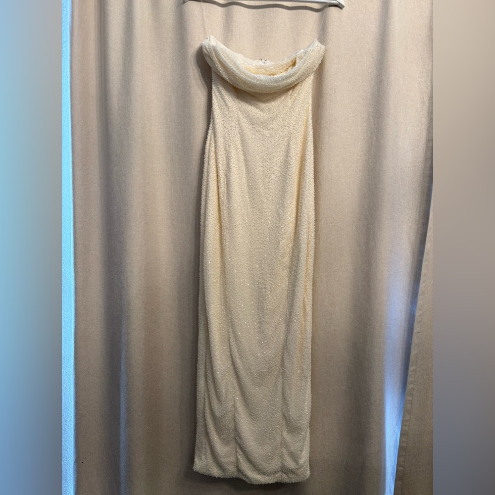 Oh Polly Palermo Embellished Bandeau Cowl Neck Maxi Dress in White